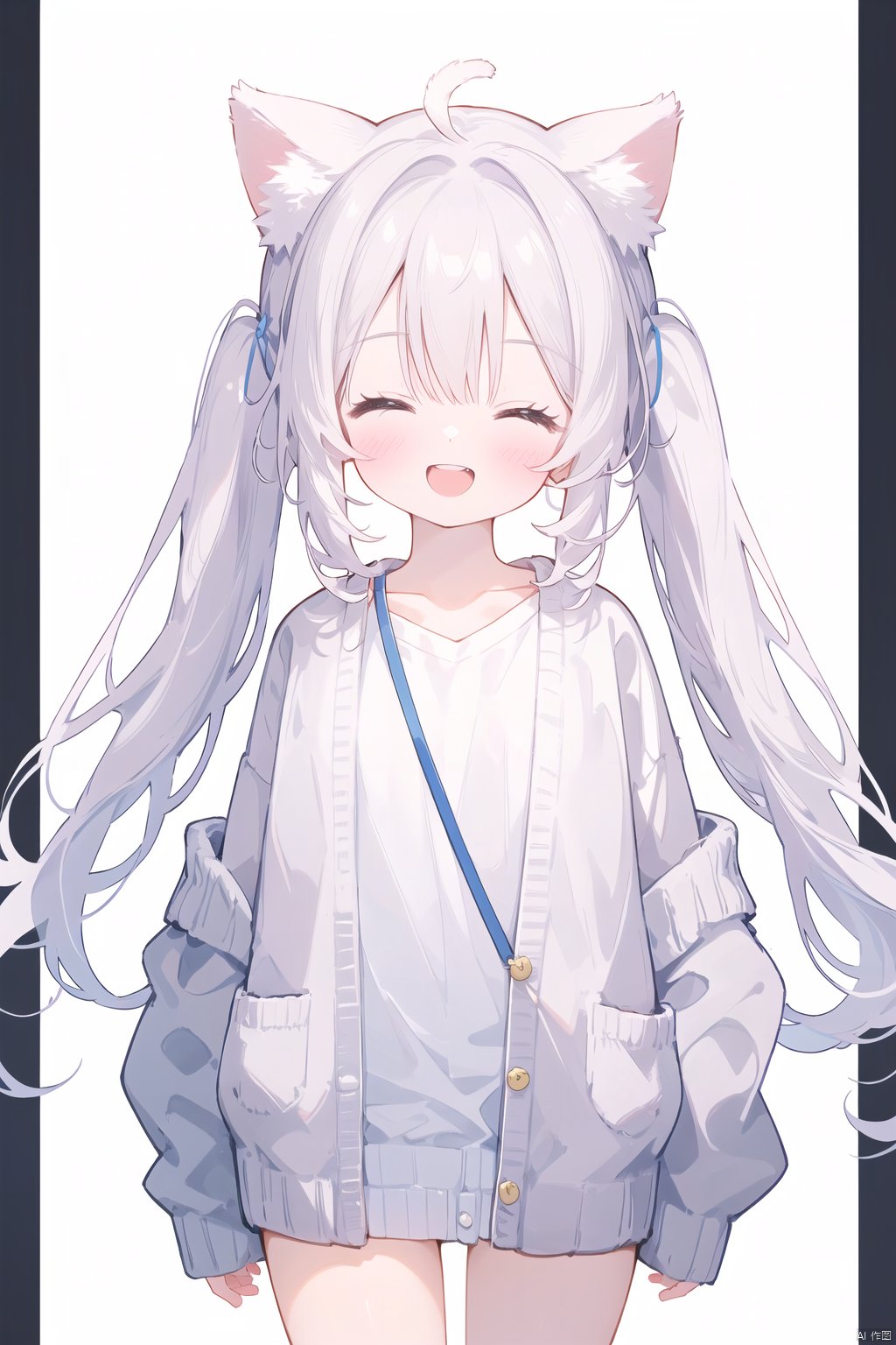 1girl, solo,catgirl,cat ears,cat tail,white hair, twintails, blush, smile, shirt, white shirt, long shirt, ^ ^, brown cardigan, cardigan, closed eyes, collarbone, cropped legs, long sleeves, sleeves past fingers, sleeves past wrists, upper teeth only, teeth, white background
