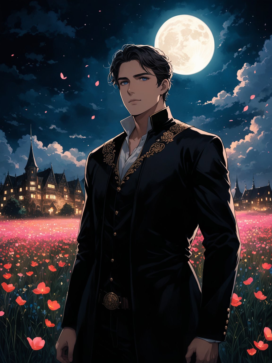 1boy, adult, handsome, broad shoulders, finely detailed eyes and detailed face, fantasy, night, dark theme, cinematic lighting, colorful, portrait, flying petal, Flowery meadow, cloudy sky, building, moon, light, dutch angle, cowboy shot