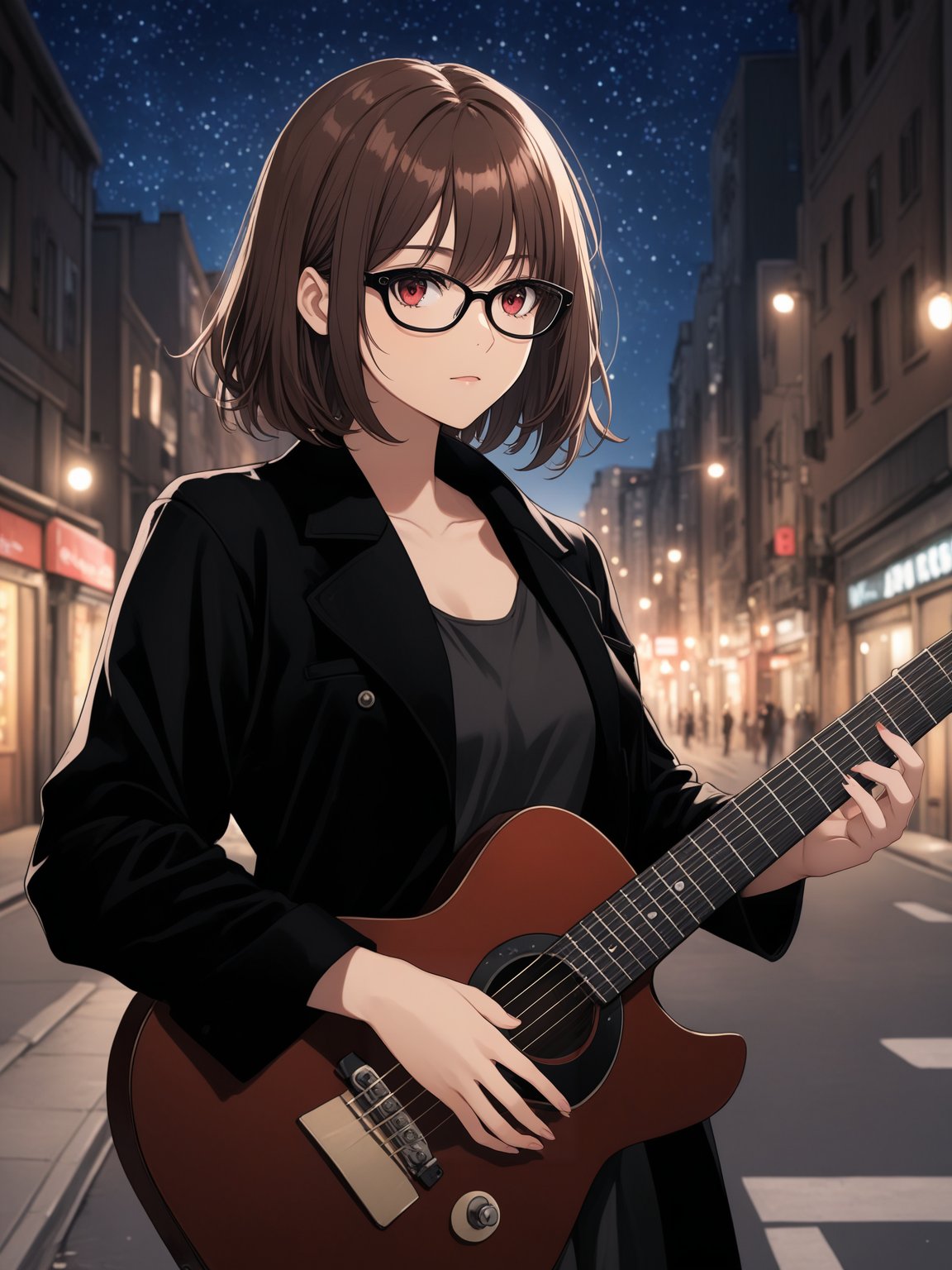 1girl, upper body, standing, playing guitar, medium hair, brown hair, red eyes, black glasses, black jacket, sleeves rolled up, outdoors, city, street, night, night sky,