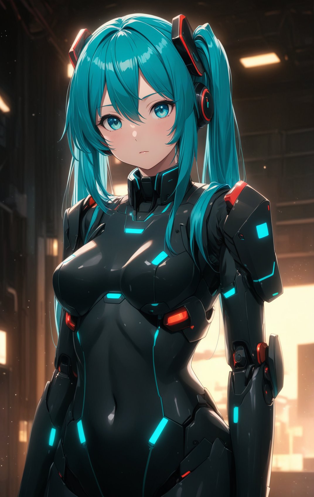 masterpiece, best quality, hatsune miku, (mecha suit:0.8), tight suit, upper body, closed mouth, looking at viewer, arms behind back, highres, 4k, 8k, intricate detail, cinematic lighting, amazing quality, amazing shading, soft lighting, Detailed Illustration, anime style, wallpaper