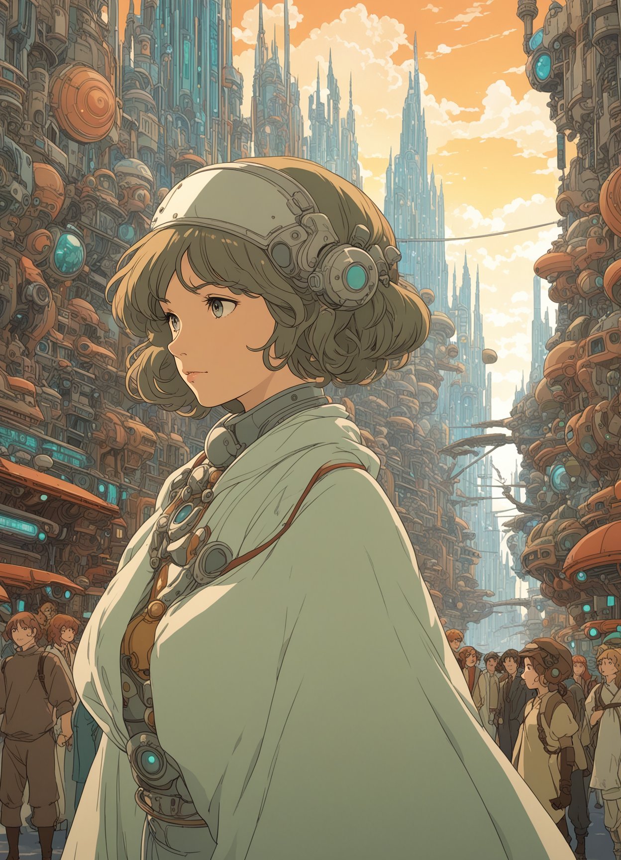 by Studio Ghibli and Alphonse Mucha, thick (science fiction scene:1.1) , looking away from camera, city, Selective focus