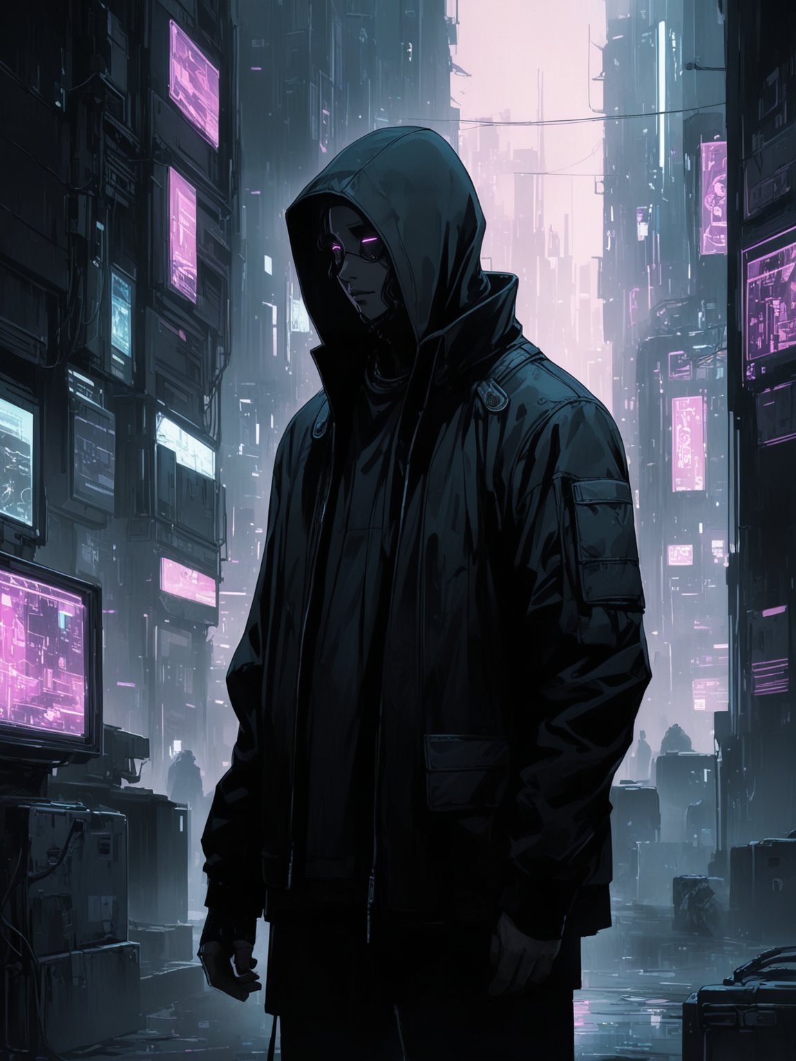 In the dystopian cityscape of cyberpunk, a mysterious figure shrouded in shadows stands, exuding an air of annoyance. The dusky fade adds an enigmatic touch to the scene as the character gazes out of the window with intense focus. The play of shadows and light creates a cinematic atmosphere, leaving viewers intrigued by the untold story behind this captivating moment. The artist's attention to detail elevates the emotional depth, making this artwork a masterpiece in the realm of cyberpunk aesthetics.