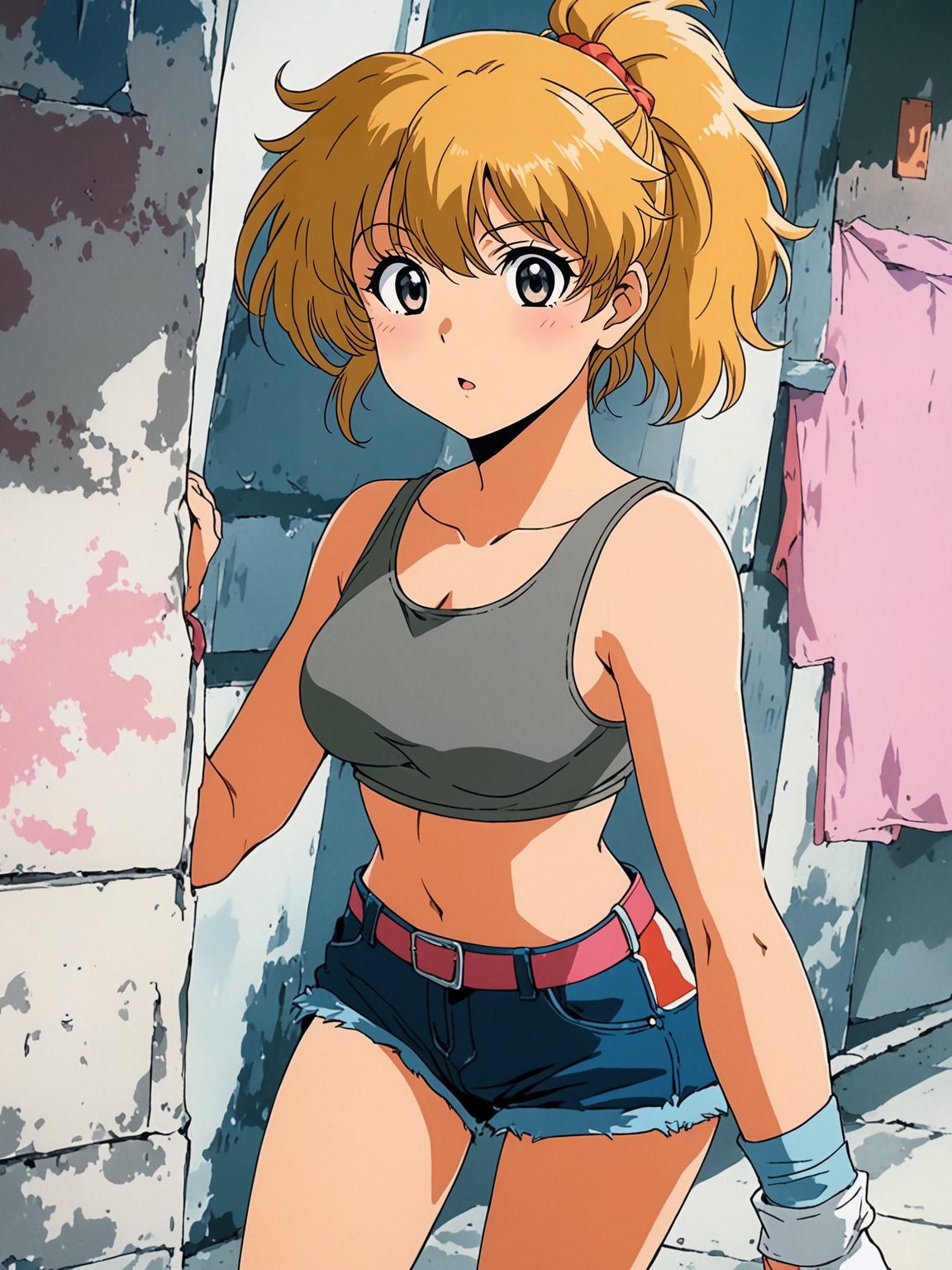 80's anime screencap, girl wearing a cropped top and short shorts, artistic rendition with wide strokes, anime comic