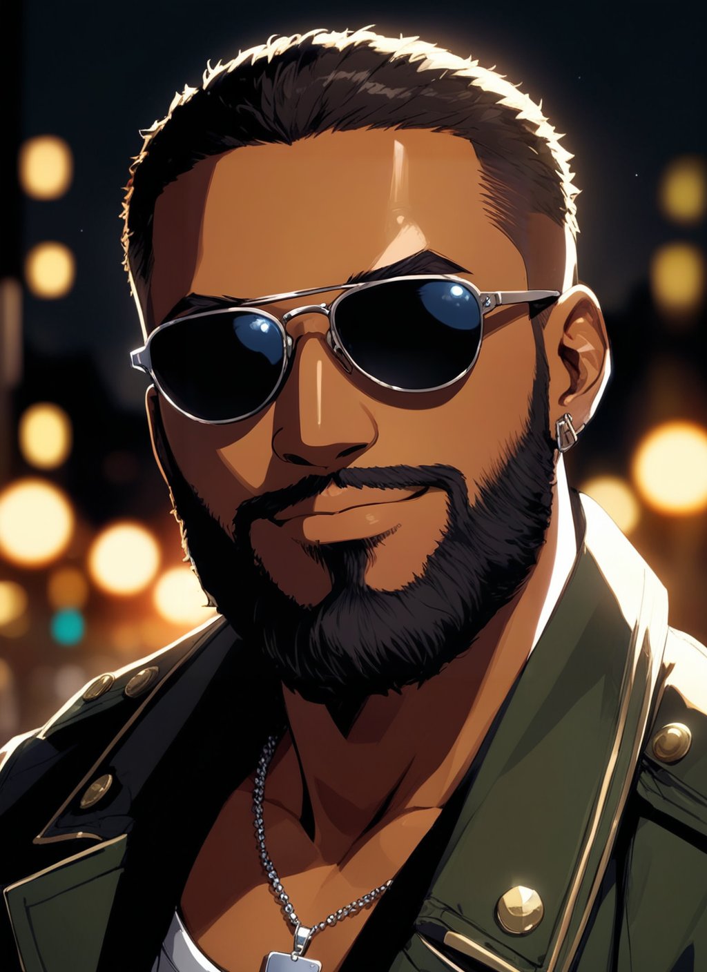 1boy, male focus, military tags, gloves,   jacket, dark-skinned male, dark skin, facial hair, night, beard, smile, sunglasses, portrait, ((masterpiece))