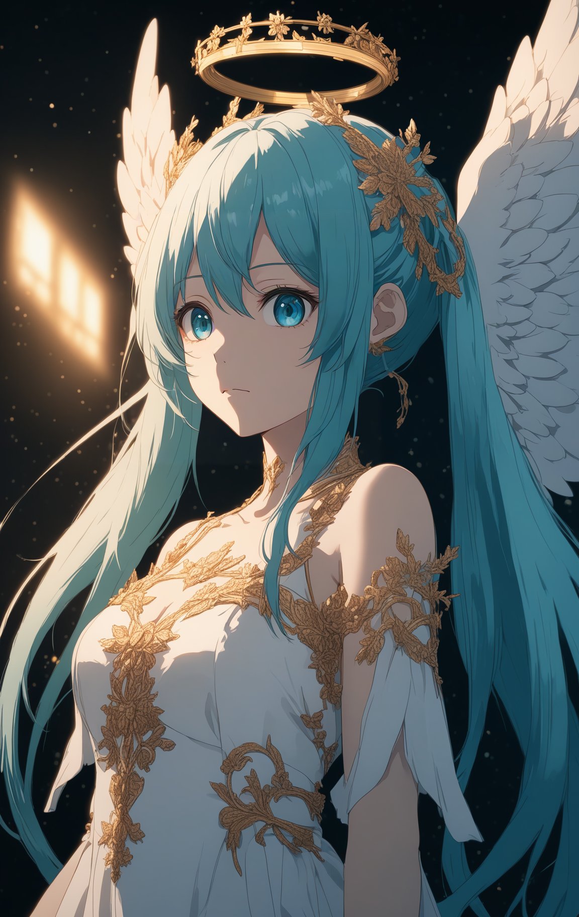 masterpiece, best quality, hatsune miku, white gown, angel, angel wings, golden halo, dark background, upper body, closed mouth, looking at viewer, arms behind back, blue theme, night, highres, 4k, 8k, intricate detail, cinematic lighting, amazing quality, amazing shading, soft lighting, Detailed Illustration, anime style, wallpaper