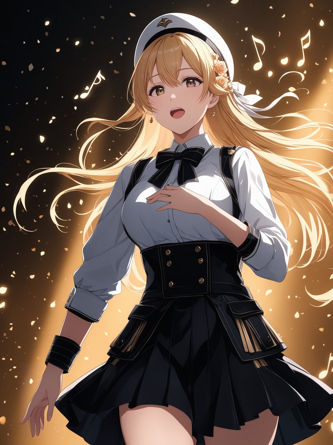 1girl , masterpiece, best quality, highres, 4k, 8k, intricate detail, cinematic lighting, amazing quality, amazing shading, soft lighting, Detailed Illustration, anime style, wallpaper, blonde, (idol clothes), ((white shirt)), short black skirt, white mini hat, sleeveless, musical note, rose hat ornament, (singing), hand on own chest, long hair, black bowtie, white hat, floating hair, bang, looking at viewer, open mouth, soldier, breasts, black high heel boots, layered skirt, mini skirt, gold shiny line on shirt