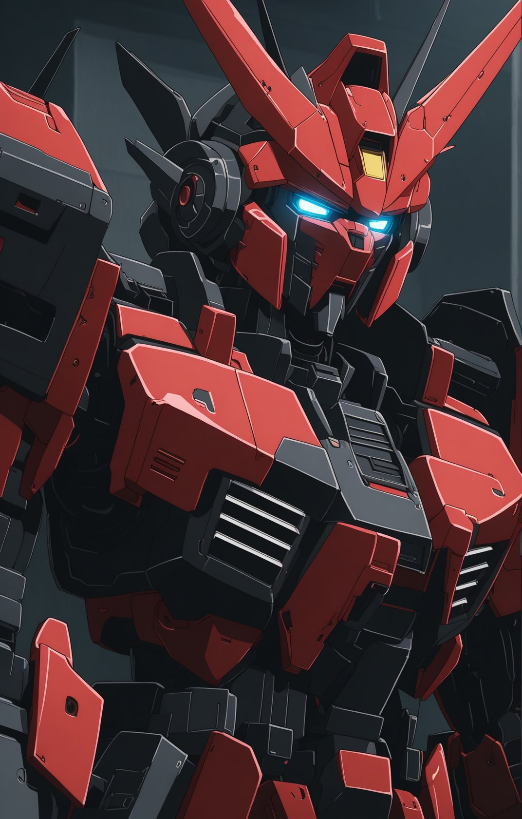 (red and black mecha), gundam, masterpiece,best quality,ultra-detailed, anime screencap,extremely detailed,intricate details,highres,cowboy shot, samurai armor