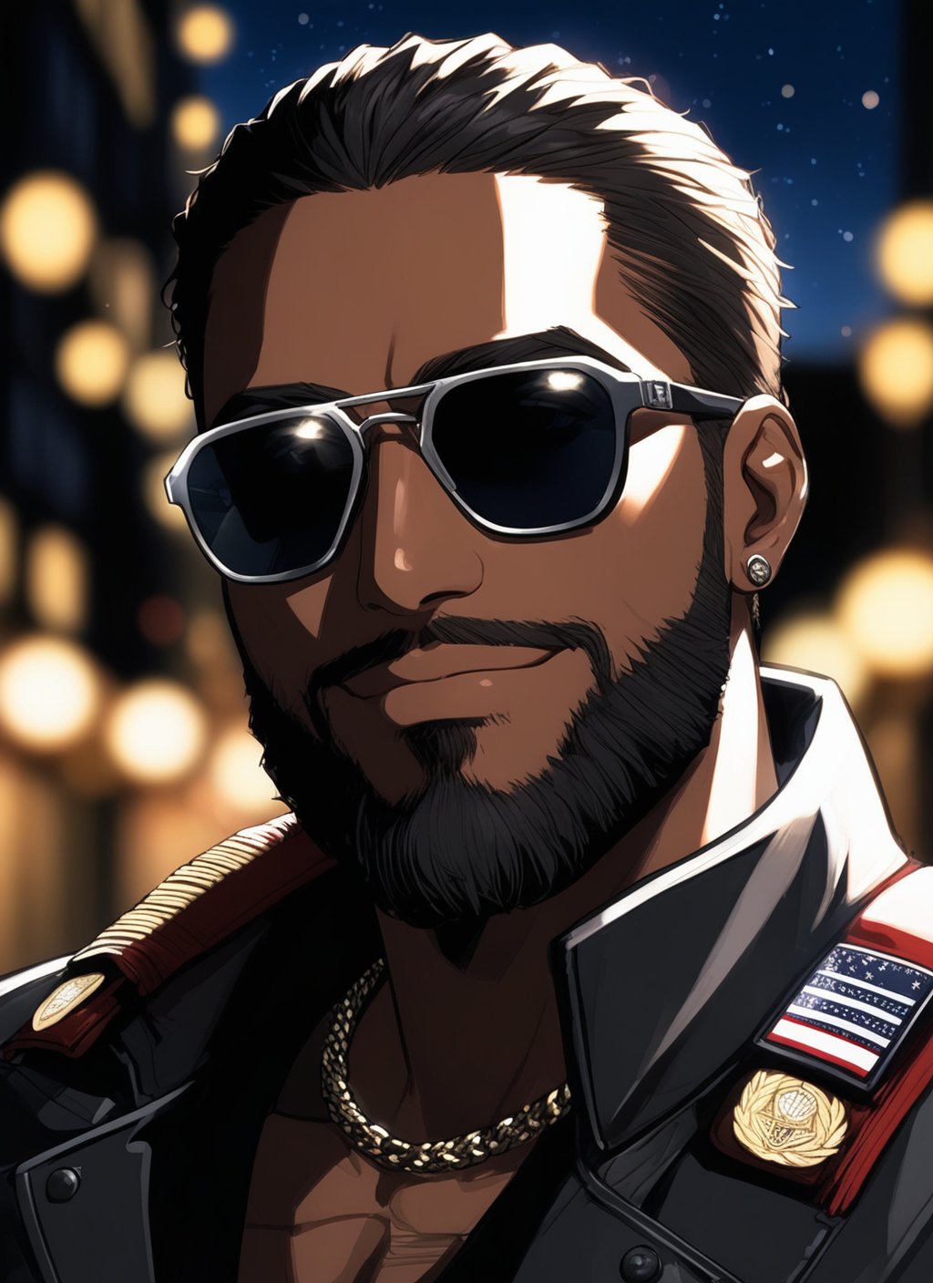 1boy, male focus, military tags, gloves,   jacket, dark-skinned male, dark skin, facial hair, night, beard, smile, sunglasses, portrait, ((masterpiece))