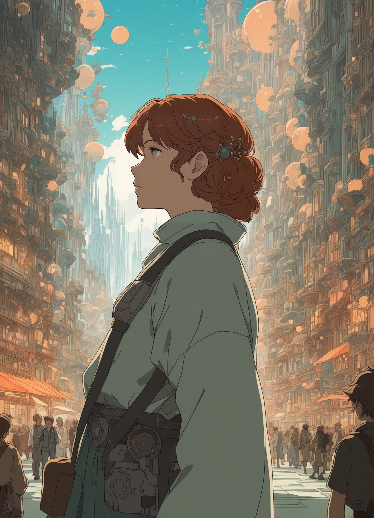 by Studio Ghibli and Alphonse Mucha, thick (science fiction scene:1.1) , looking away from camera, city, Selective focus