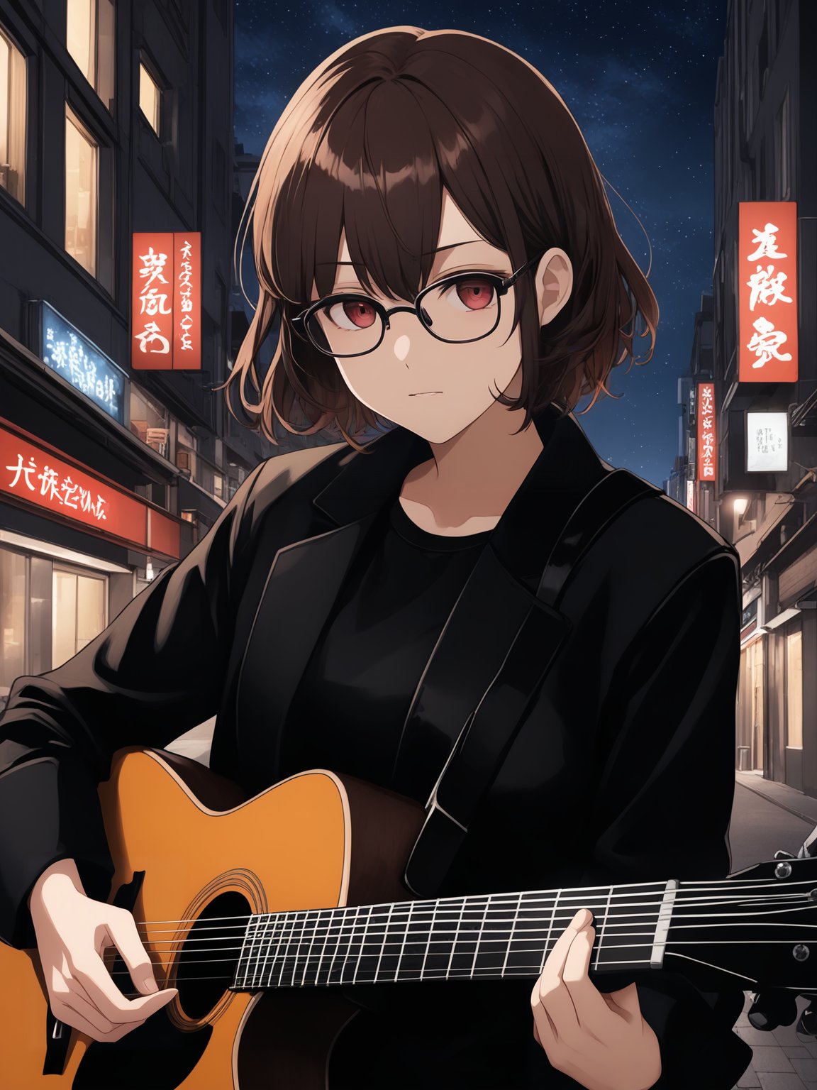 1girl, upper body, standing, playing guitar, medium hair, brown hair, red eyes, black glasses, black jacket, sleeves rolled up, outdoors, city, street, night, night sky,