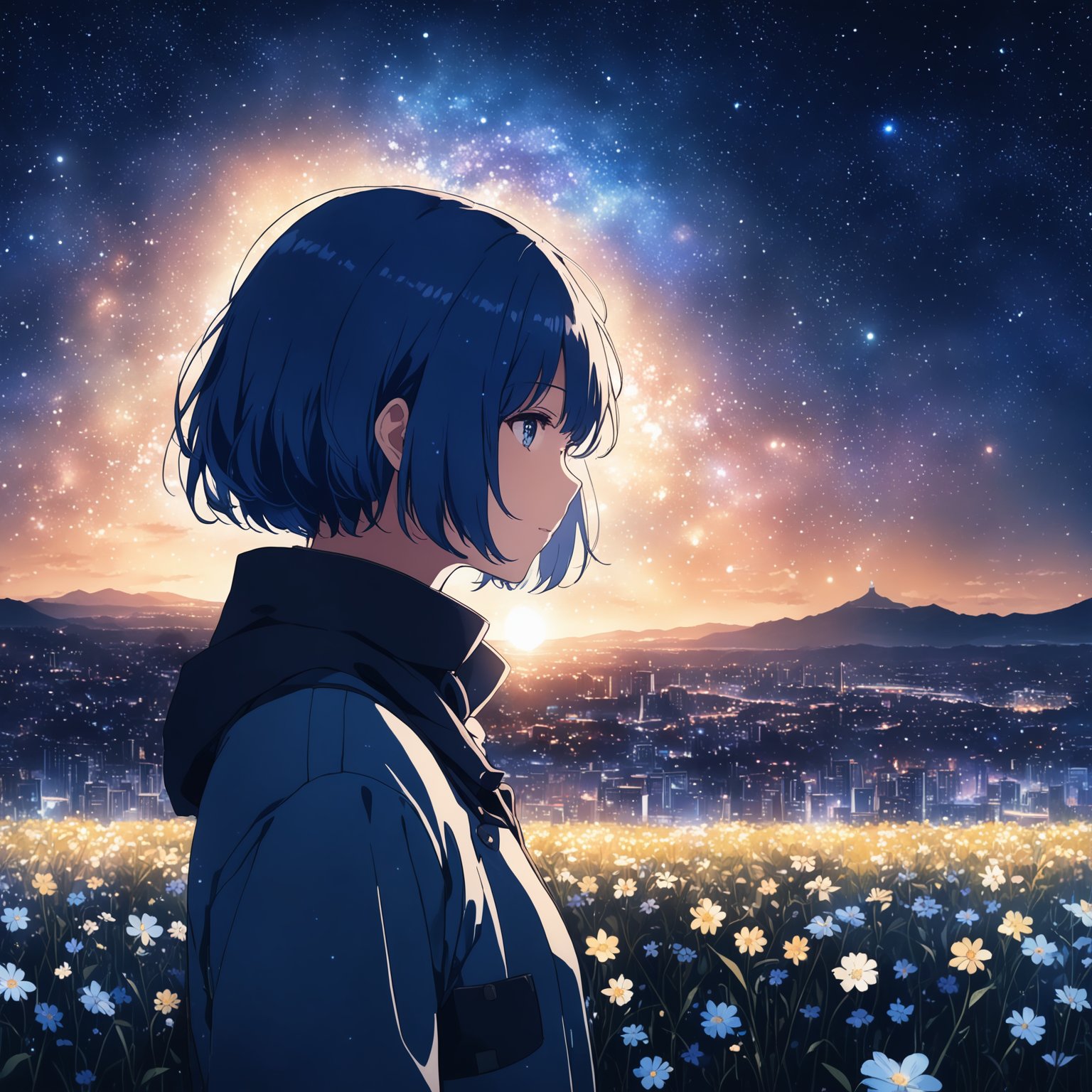 anime girl, night, blue light behind her, ((Galaxy, Lens flare)), short hair, flower field, night sky, cinematic shot. Wallpaper. (Blue color schema), detailed background, a city in the distance