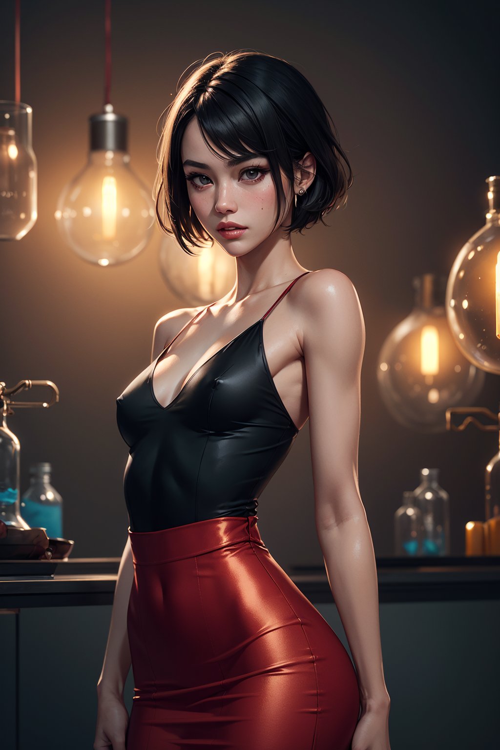 Black hair, (wearing red long skirt bodycon midi dress, red metallic dress, sleeveless, deep v-neck, string straps), young asian ([li bingbing | jing tian]:0.3) round cute face, sexy, black eyes, detailed clothes, skinny, bob_cut, (skinny body, hourglass waist, perky breasts, small breasts:1.2), shinny glossy skin, (puffy lips, pink lips:0.6), bangs, skirt, (cowboy shot:1.3)[(colorful explosion psychedelic paint colors:1.21)::0.2], (bright background:1.4), (resident evil lab), ((human experiment, bio lab, detailed background:1.2)), detailed background, masterpiece, best quality, realistic, rich colors, fine detail, absurdres, extremely detailed, depth of field, ultra highres, (masterpiece:1.2), (ultra detailed), (best quality), intricate, comprehensive cinematic, magical photography, (gradients), colorful, nikon d850 film stock photograph kodak portra 400 camera f1.6 lens rich colors hyper realistic lifelike texture unrealengine, Style-Neeko