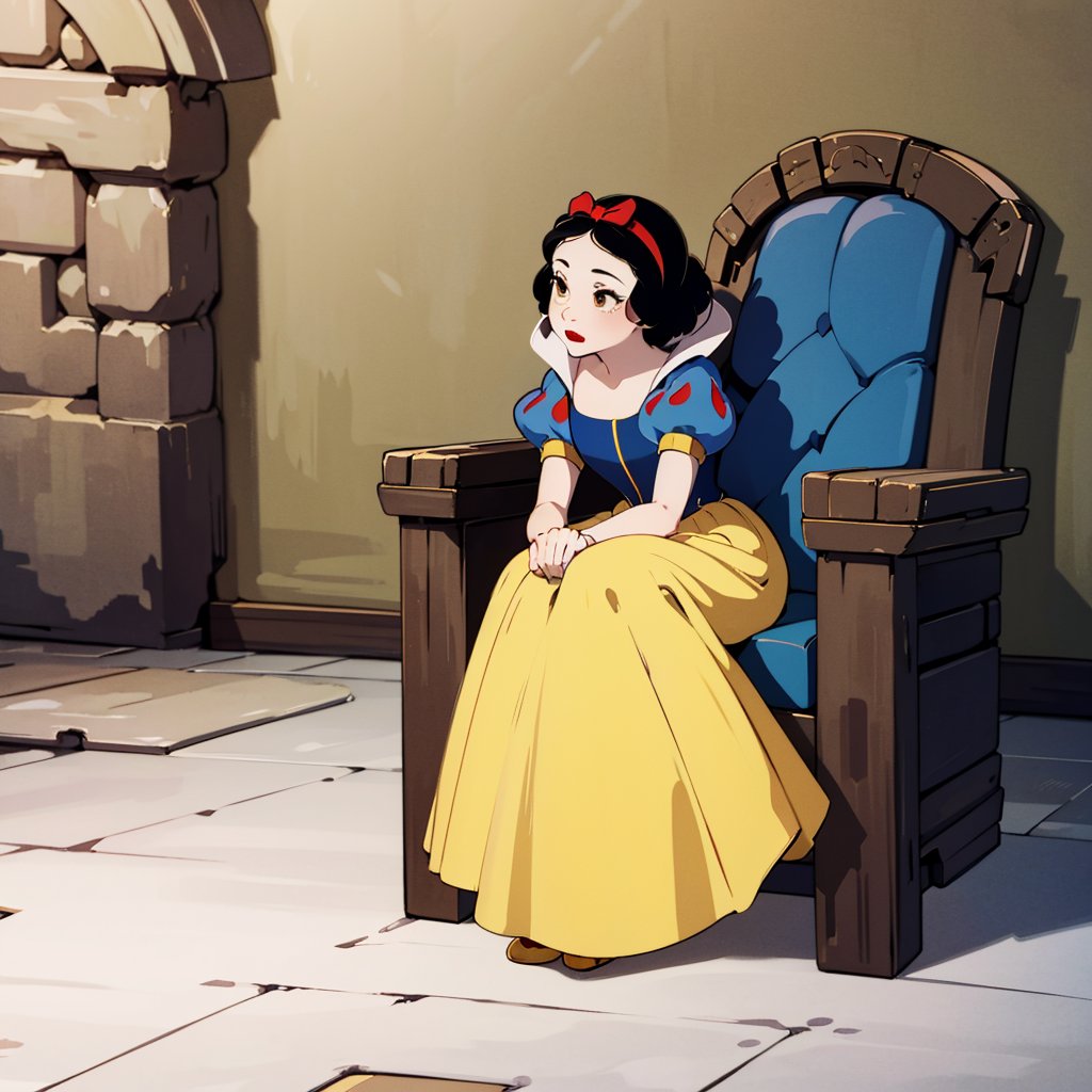 1girl, solo,   SnowWhite, short hair, black hair, smooth hair, bow, brown eyes, lipstick, red lipstick, pale skin, yellow dress skirt, long skirt, blue bodice,  short sleeves, hair bow, hairband, puffy sleeves, puffy short sleeves,    <lora:Snow_White_Leaf5-v2:0.8>,  throne, throne room, 