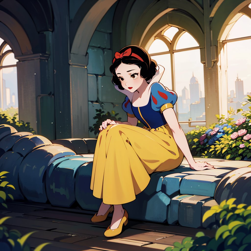 1girl, solo,   SnowWhite, short hair, black hair, smooth hair, bow, brown eyes, lipstick, red lipstick, pale skin, yellow dress skirt, long skirt, blue bodice,  short sleeves, hair bow, hairband, puffy sleeves, puffy short sleeves,    <lora:Snow_White_Leaf5-v2:0.8>, sitting, sitting on rock, 