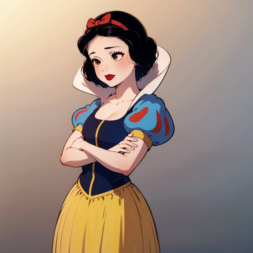 1girl, solo,   SnowWhite, short hair, black hair, smooth hair, bow, brown eyes, lipstick, red lipstick, pale skin, yellow dress skirt, long skirt, blue bodice,  short sleeves, hair bow, hairband, puffy sleeves, puffy short sleeves,    <lora:Snow_White_Leaf5-v2:0.8>,  cowboy shot, crossed arms,  gradient background, 