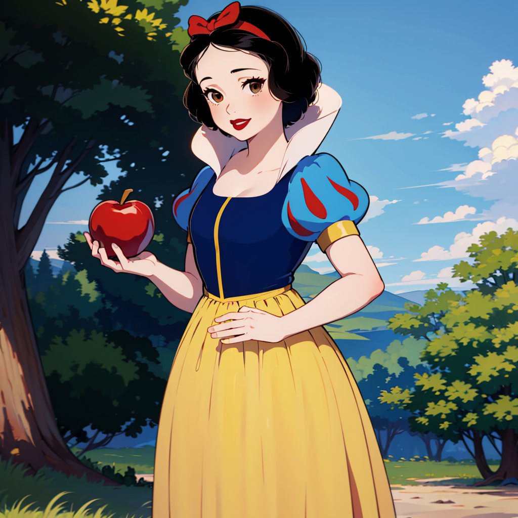 1girl, solo,   SnowWhite, short hair, black hair, smooth hair, bow, brown eyes, lipstick, red lipstick, pale skin, yellow dress skirt, long skirt, blue bodice,  short sleeves, hair bow, hairband, puffy sleeves, puffy short sleeves,    <lora:Snow_White_Leaf5-v2:0.8>, holding red apple , forest, cowboy shot, looking at viewer,