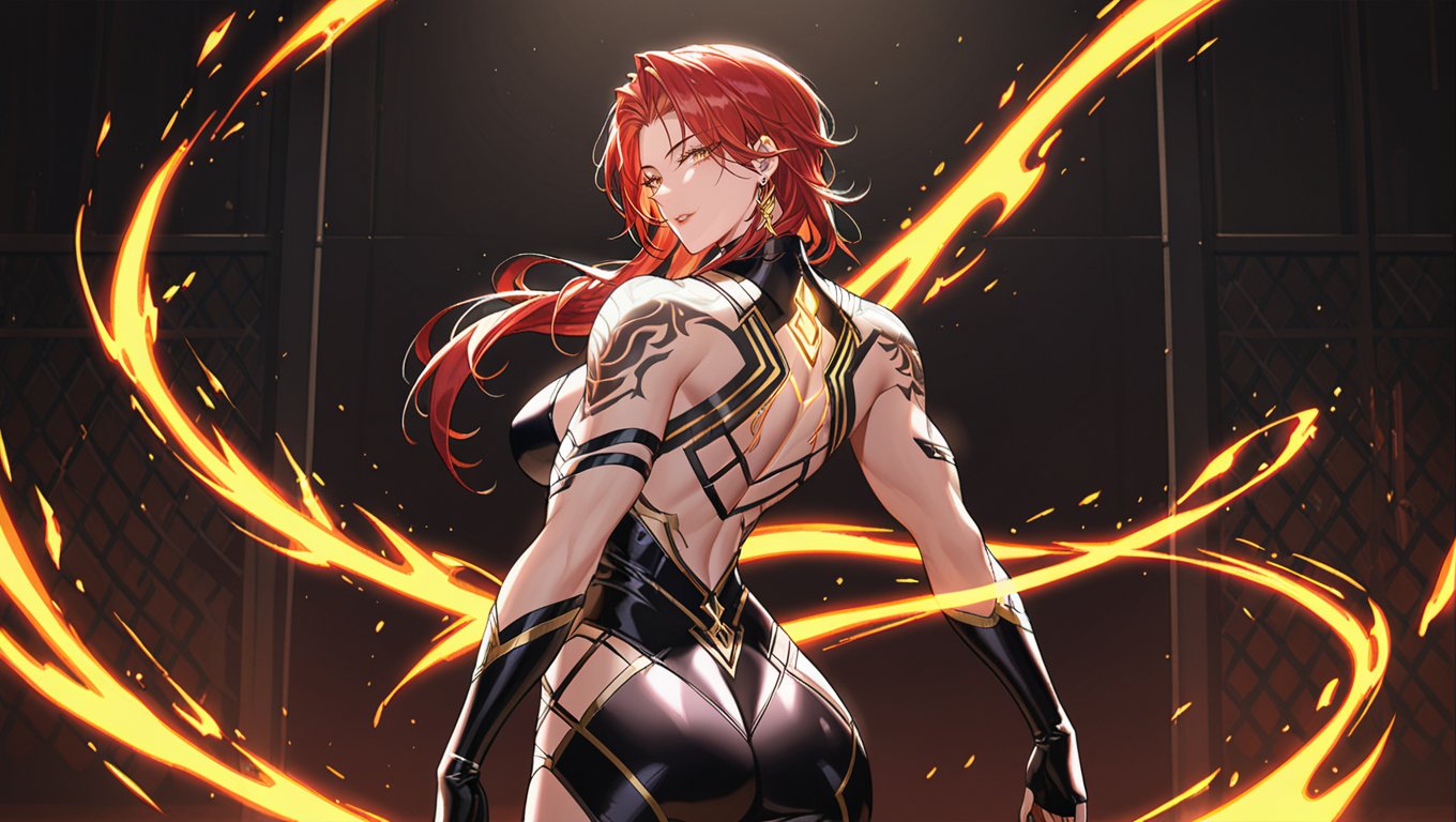 "A majestic woman, a masterful fusion of muscle and beauty, stands confidently with her muscular back on full display. A serpentine snake tattoo winds its way across her skin, as fiery red locks cascade down her shoulders. Her piercing blue eyes lock onto the viewer's gaze, a sly smirk playing on her lips. Framed against a darkened backdrop, the warm glow of golden light accentuates every contour of her powerful physique, radiating an aura of unapologetic strength and allure. (Masterpiece in 4K UHD resolution)"