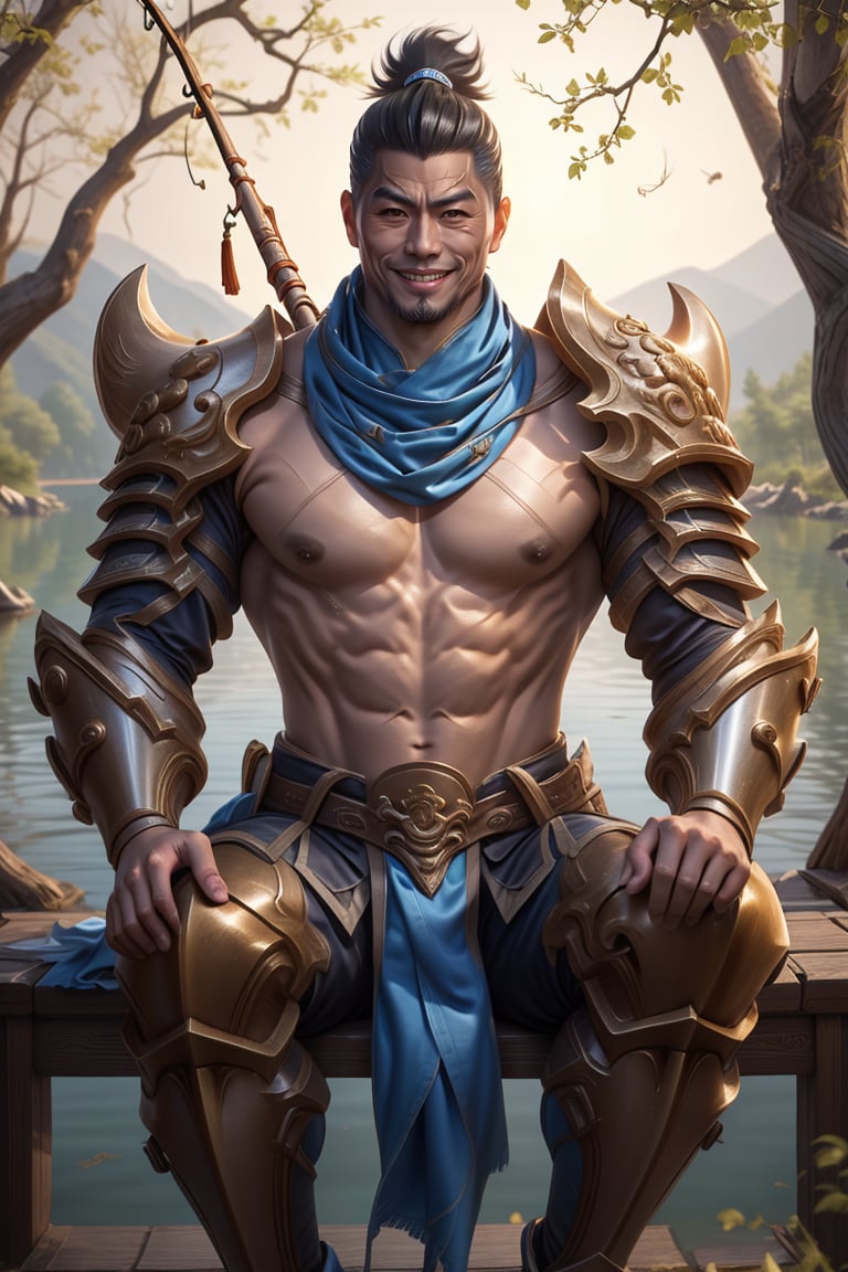 Yasuo, in the cozy chinese lake, fishing, sitting, ponytail, shoulder plate, armor, blue scarf, confident smile, muscular, 6 packs, strong man