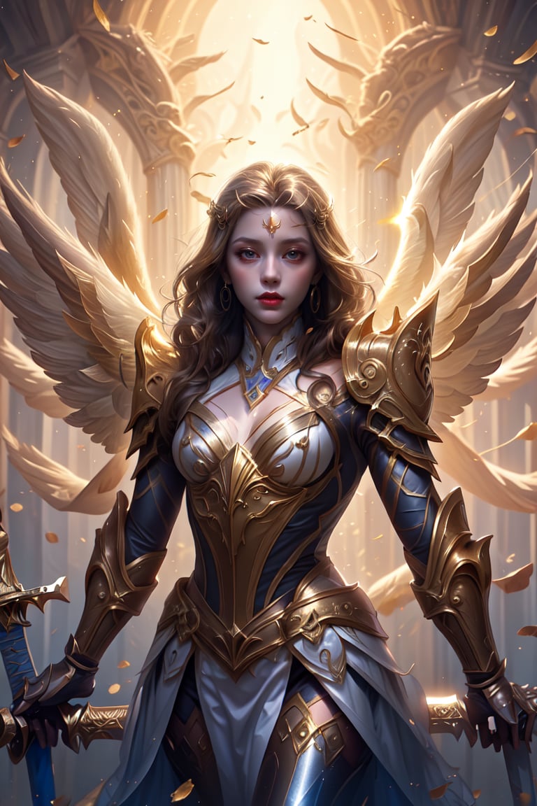 angel, wings, sword, divine, royal armor, surreal, hair floating