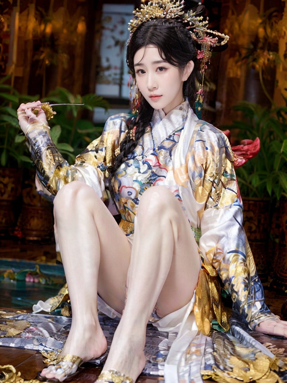 best quality,(masterpiece),ultra detailed,(photo realistic),Charmaine Sheh, 1 girl, crown braid hair, black hair, chinese royal tiara, a beautiful pearl white silk white robe, large_breasts, breast_exposed, nsfw, feiyu, ((full body)), sexy legs, barefoot, 

indoor, chinese palace, royal bathing room, girl sitting on the large pool of hot water, leg dipping inside the water, looking at veiwer, biting_lips, confuse look, CharmaineR01, AsianGirl01 