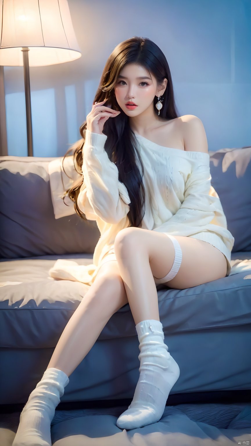 1girl,bare shoulders,black hair,earrings,feet,finger to mouth,jewelry,kneehighs,lips,sweater,Pressing one leg onto the other leg,White Stockings,Girl's posture,long hair,looking at viewer,no shoes,off shoulder,pillow,sitting,socks,solo,sofa,full body, glow, hand