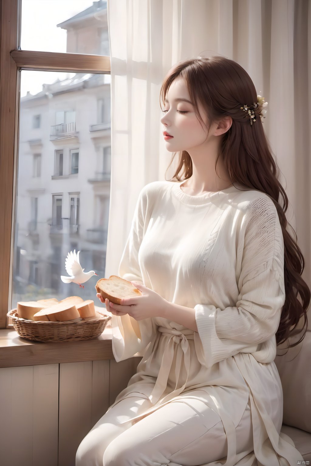 1girl,brown hair,closed eyes,curtains,day,White sweater,Sitting posture,Holding bread slices in hand,Girl's posture,dove,flower,lips,long hair,sitting,solo,window