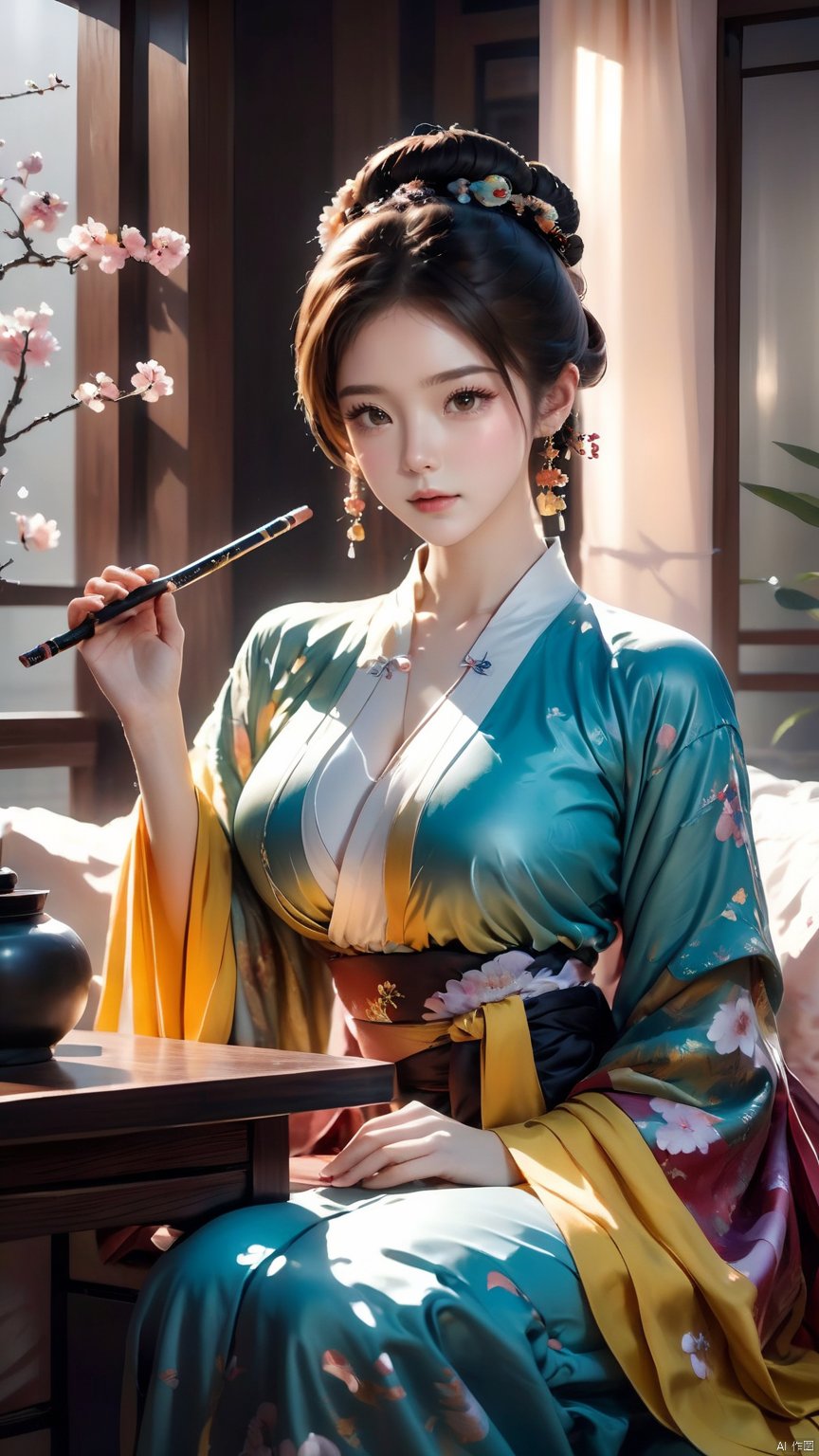 1girl,breasts,brown eyes,brown hair,chinese clothes,earrings,Hanfu,Girl's posture,Black belt,Sitting on the table,printing,Sitting posture,Holding a large makeup pencil in hand,floral print,hair bun,holding,indoors,jewelry,looking at viewer,solo,bed, glow, hand