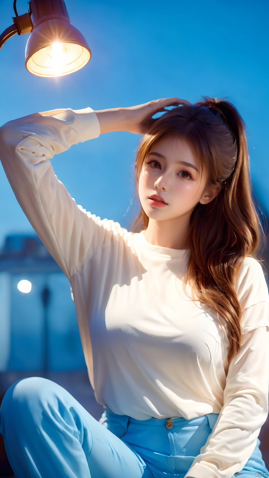 1girl,brown eyes,brown hair,hand on own head,lips,long hair,long sleeves,Elbow supported on knee,Girl's posture,White top,Sky blue pants,Hand close to face,Lifting with one foot,looking at viewer,nose,parted lips,realistic,shirt,sitting,solo, glow, hand,Hazy light,Floodlight, 1girl