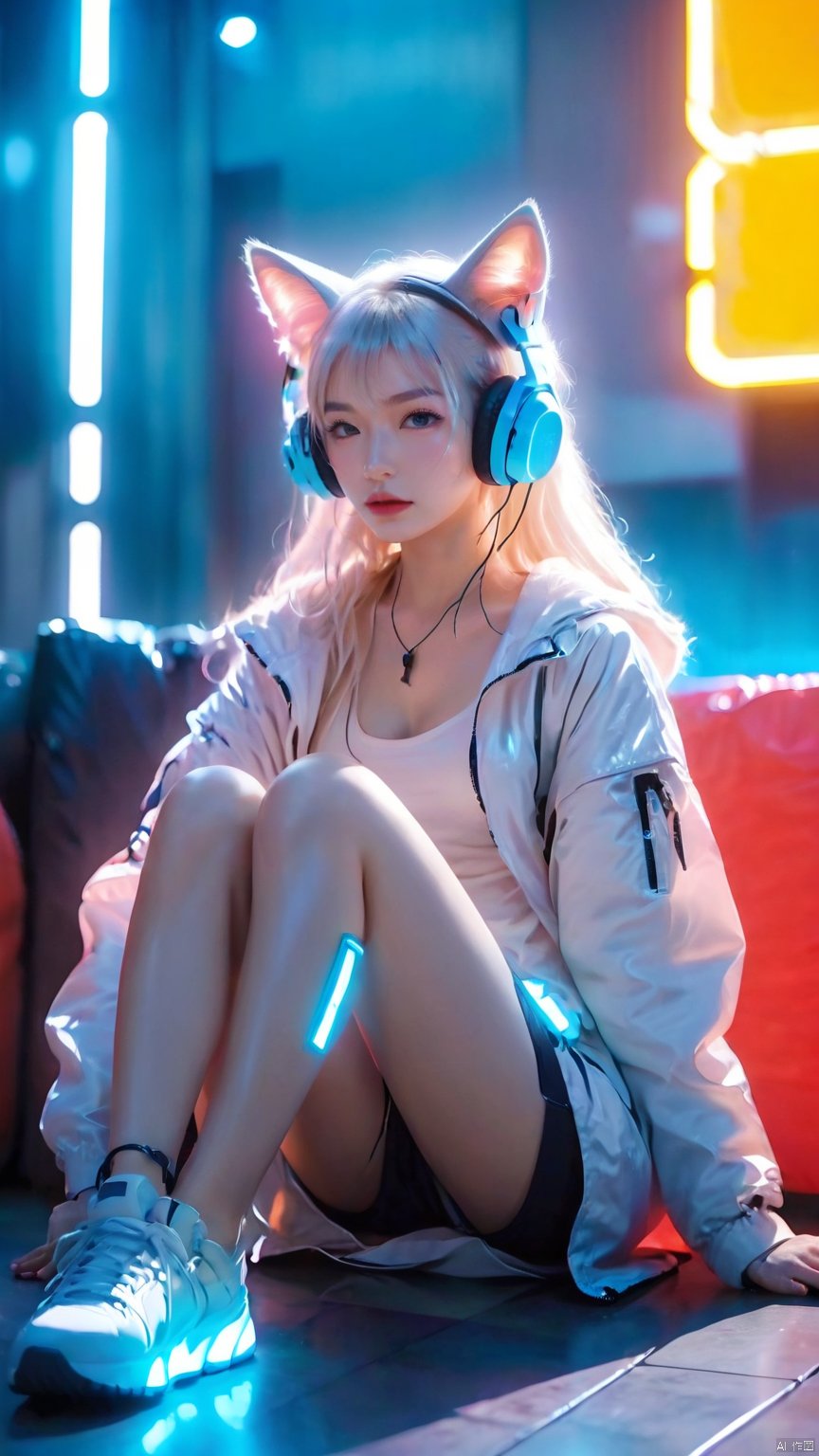 1girl,animal ears,Waist bag,bangs,cat ear headphones,cat ears,cyberpunk,headphones,headset,Combat clothing,Sitting posture,Luminous,Multi light source clothing,indoor,Oblique lateral body,full body,science fiction,Luminous clothing,Future technological background,jacket,lips,long hair,looking at viewer,neon lights,night,shoes,sitting,solo,white footwear,white hair, glow, hand,Hazy light,Floodlight