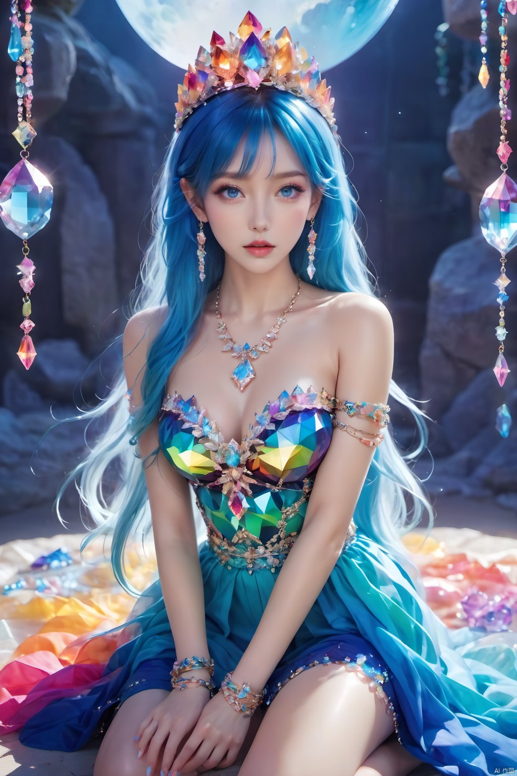 1girl,Crystal ankle chains,bare shoulders,barefoot,beads,blue eyes,Colorful gradient hair,blue nails,bracelet,breasts,cleavage,crystal,Crystal headwear,Colorful crystals,A large crystal suspended on the head,Crystal shoes,Sitting on the ground,dress,Crystal earrings,feet,gem,jewelry,long hair,looking at viewer,makeup,multicolored hair,nail polish,Crystal necklace,parted lips,sitting,solo