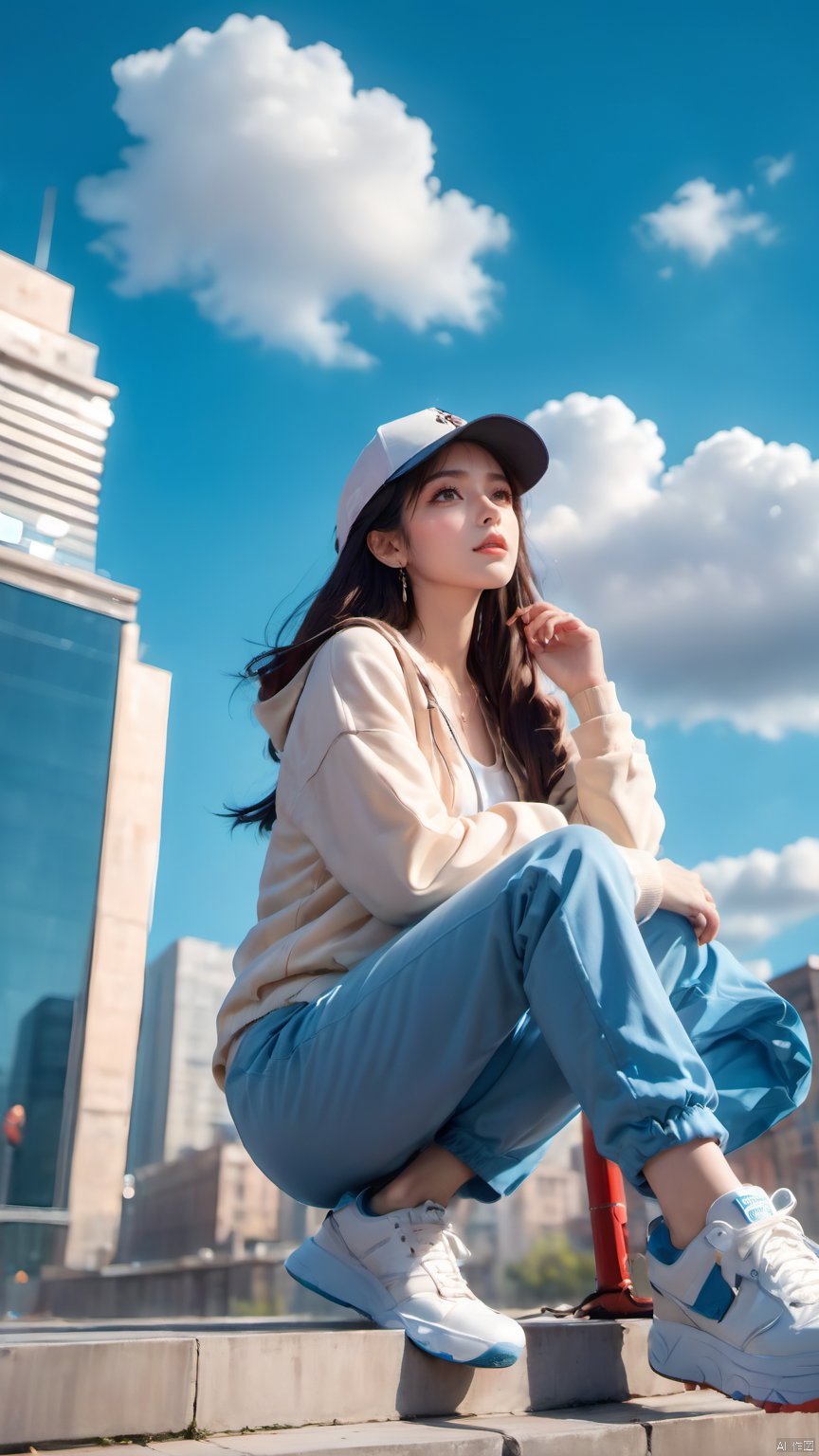  1girl,baseball cap,black hair,blue sky,blurry background,building,choker,city,cloud,cloudy sky,day,depth of field,earrings,Looking up,From below,from below,full body,Hoodies and pants,Sitting posture,hat,jacket,jewelry,lips,long hair,looking at viewer,motion blur,outdoors,shoes,sitting,sky,skyscraper,sneakers,solo,sole,Shoes close to the camera, glow, hand