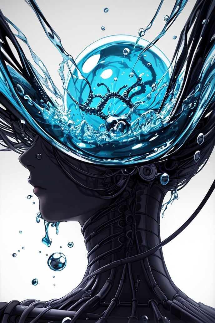 biomechanical style illustration beautiful woman, colorful melting human head. acrylic bubbles and flowers, ferrofluids, water distortions. looking up, intricate abstract. intricate artwork. beeple. blend of organic and mechanical elements, futuristic, cybernetic, detailed, intricate, dark theme, (in awe:1.2), confident, (surprised:0.7), natural skin, style of Stan Manoukian,physically based unbiased rendering, natural lighting, soft shadows, extremely high-resolution details, photographic, realism pushed to extreme, fine texture, 4k, ultra-detailed, high quality, high contrast,