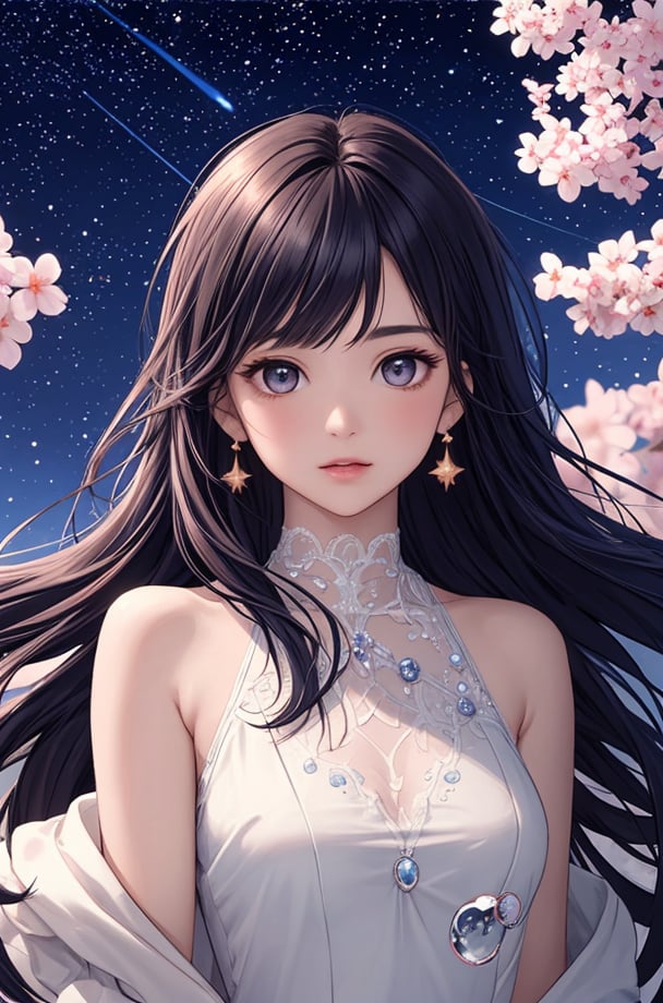 (masterpiece), (best quality), (ultra-detailed), (illustration), 1girl, mixed-blood, stars in the eyes, cherry blossoms, messy floating hair, crystal earrings, colored inner hair, Starry sky adorns hair, (colorful Bubble), (pearl), (Galaxy), depth of field, upper body, lace-trimmed dress