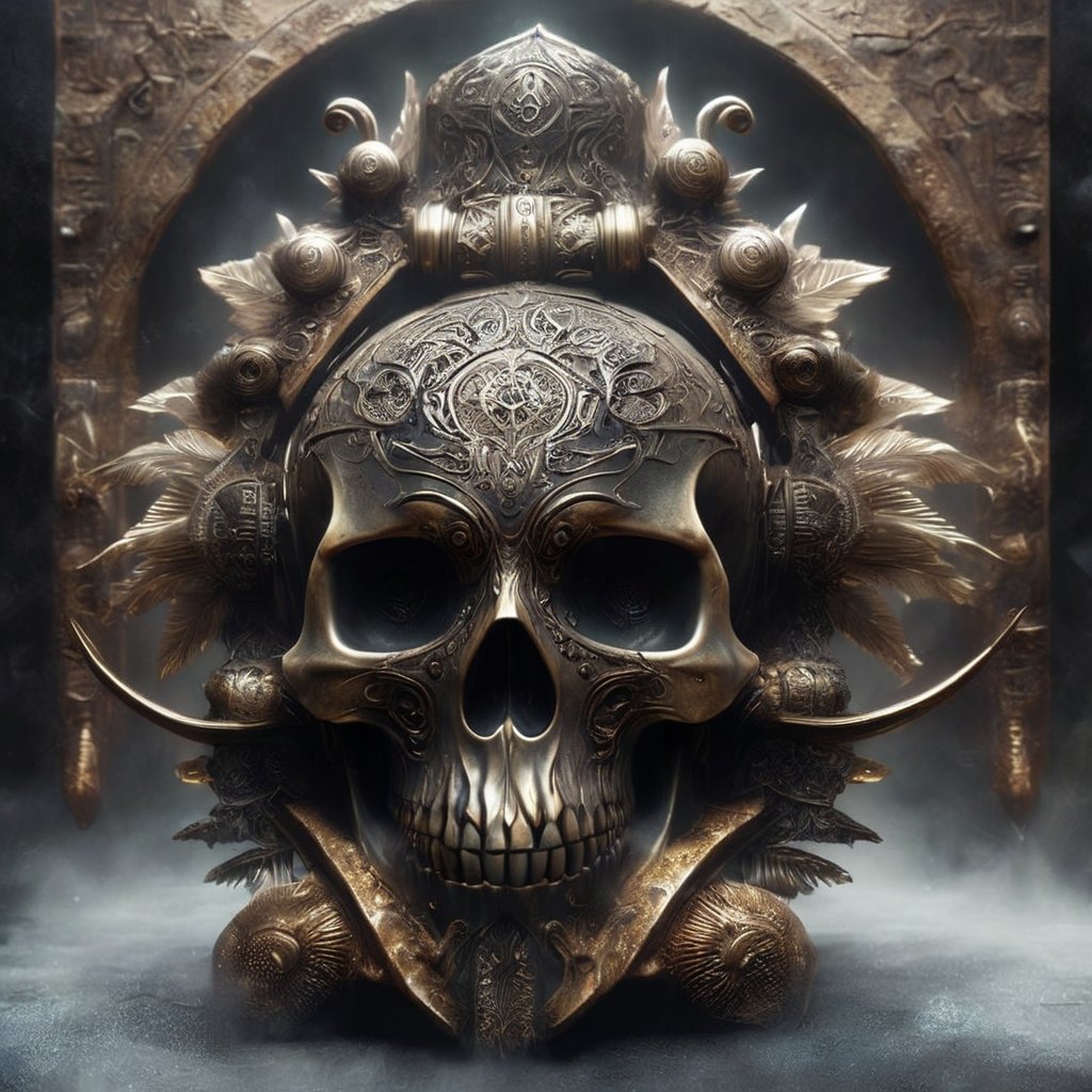 Generate hyper realistic image of a haunting skull relic adorned with intricate carvings. This ancient artifact, discovered deep within the depths of an uncharted tomb, exudes an air of both mystery and danger. Etched upon its surface is a macabre tapestry of symbols and patterns, hinting at a forgotten history and untold power. As whispers of its existence spread, various factions scramble to possess it, each driven by their own dark desires and motivations.skll