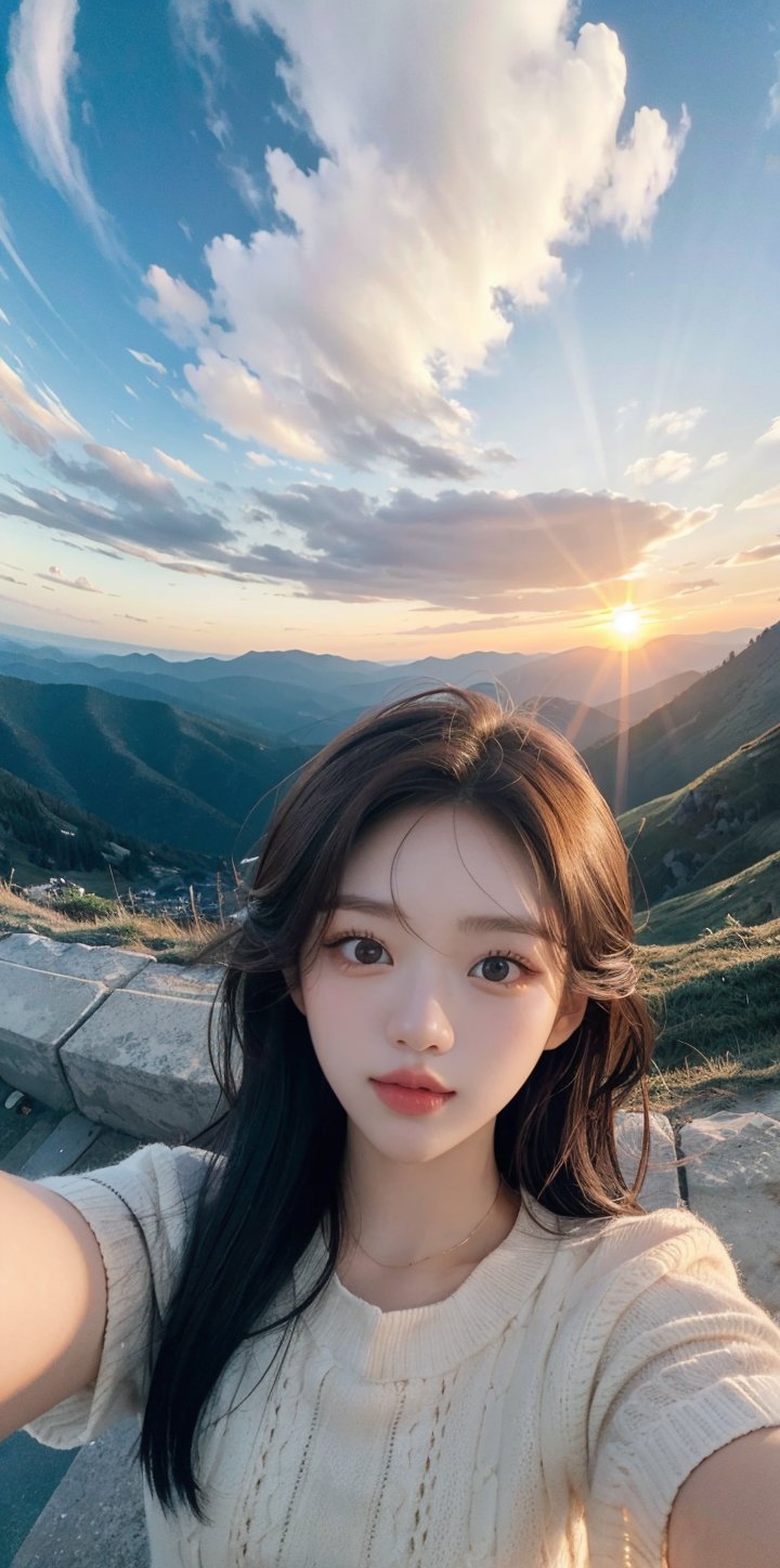 xxmix_girl,a woman takes a fisheye selfie on the top of a mountain at sunset, the wind blowing through her messy hair. The sun behind her, creating a stunning aesthetic and atmosphere with a rating of 1.2.,xxmix girl woman, futanari, close up, fisheye selphie, ,Hayoon,Narin,1 girl ,solo,beauty,girl, stunning sunset,Wujoo,<lora:EMS-303076-EMS:0.800000>,<lora:EMS-59101-EMS:0.800000>