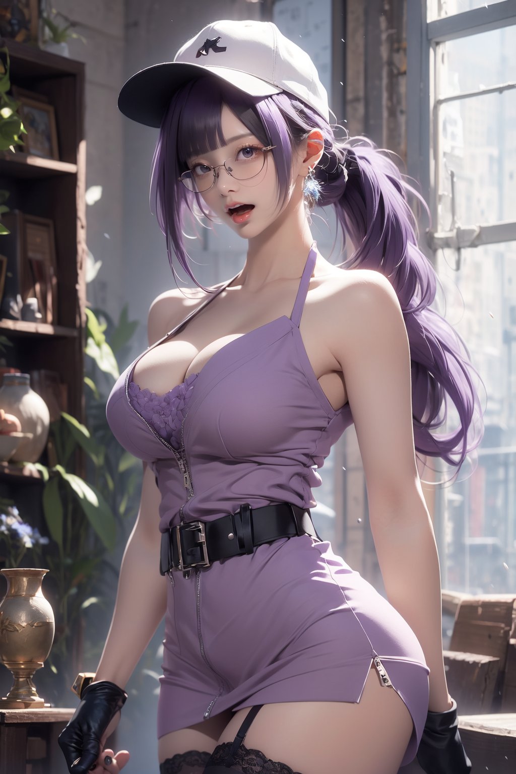 (((masterpiece))),  (((best quality))),  ((ultra-detailed)),  (illustration),((an extremely delicate and beautiful)),(detailed light),(bloom),looking at viewer,niji,YAMATO,So-min, Kgirl01,long purple hair, ponytail, baseball cap, eyewear on headwear, sunglasses, large breasts, cleavage, halter dress, sleeveless, jacket, single gloves, white belt, miniskirt, thighhighs, waving, mouth_open, 
,Detailedface,Realism,So-min, Kgirl01