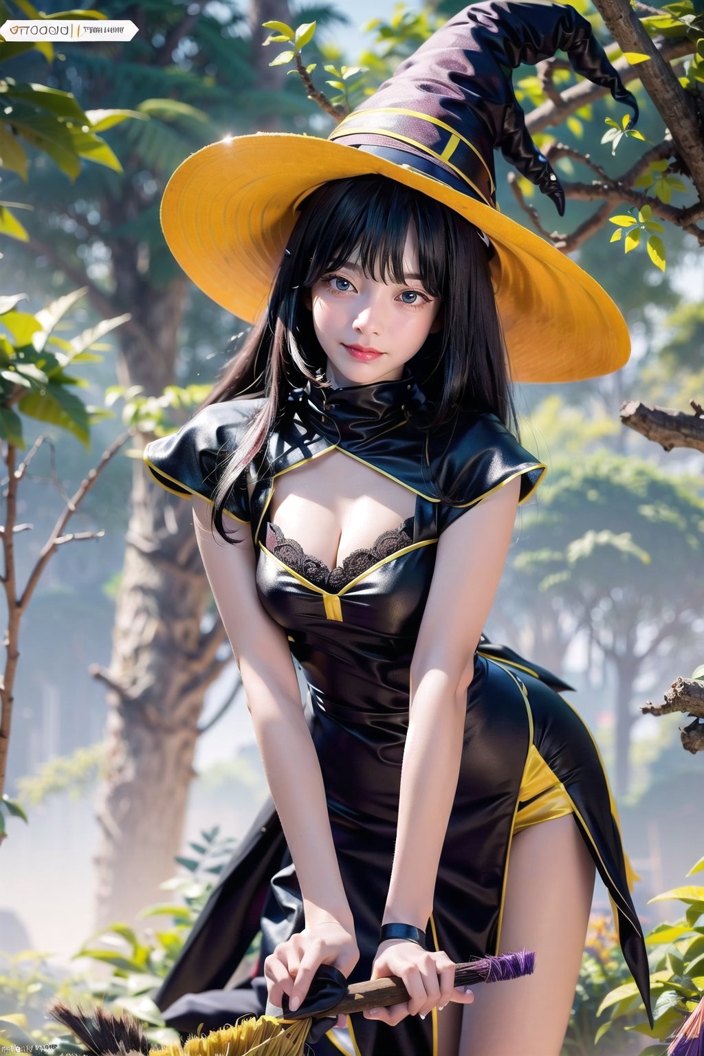 (theme fantsy world), masterpiece, best quality, 8K, photorealistic, extremely  detaled, 1girl, So-min, solo, Age  21yo, cute girl, (adventurer), medium hair, (black hair:1.2), bangs, natural lips, blue eyes, eyeliner, long eyelashes, (upturned eyes:1.2), (be approaching:1.3), blush, pleasant expression, detaled face, narrow body, collorbone, (leaning forward:1.4), cleavage, huge breast, (witch costumes:1.5), flat belly, beutyfull thighs, beutyfull legs, detaled physique, deep forest, witch's house front, (straddle a broom:1.7), intricate detaled, morning sunlight, dynamic light, deep shadow, ,Realism,So-min, Kgirl01