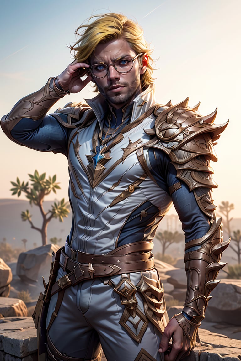 (masterpiece), (ultra detail), (intricate armor), league of legends, Ezreal, adventurer explorer costume, adventure glasses on head, short spike yellow hair, posing on the stone stack desert sanctuary background,3D MODEL, bwcomic