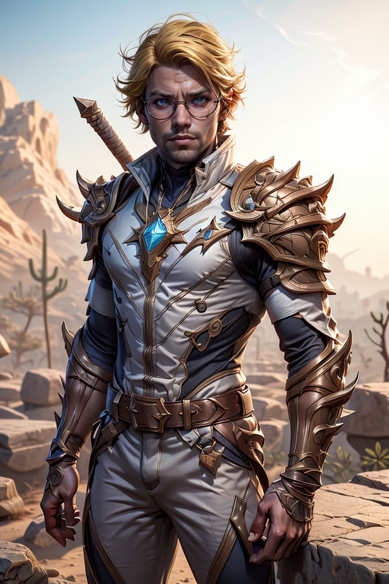 (masterpiece), (ultra detail), (intricate armor), league of legends, Ezreal, (slim boy), (teenager), adventurer explorer costume, (adventurer glasses) on head, short spike yellow hair, posing on the stone stack desert sanctuary background,3D MODEL, bwcomic