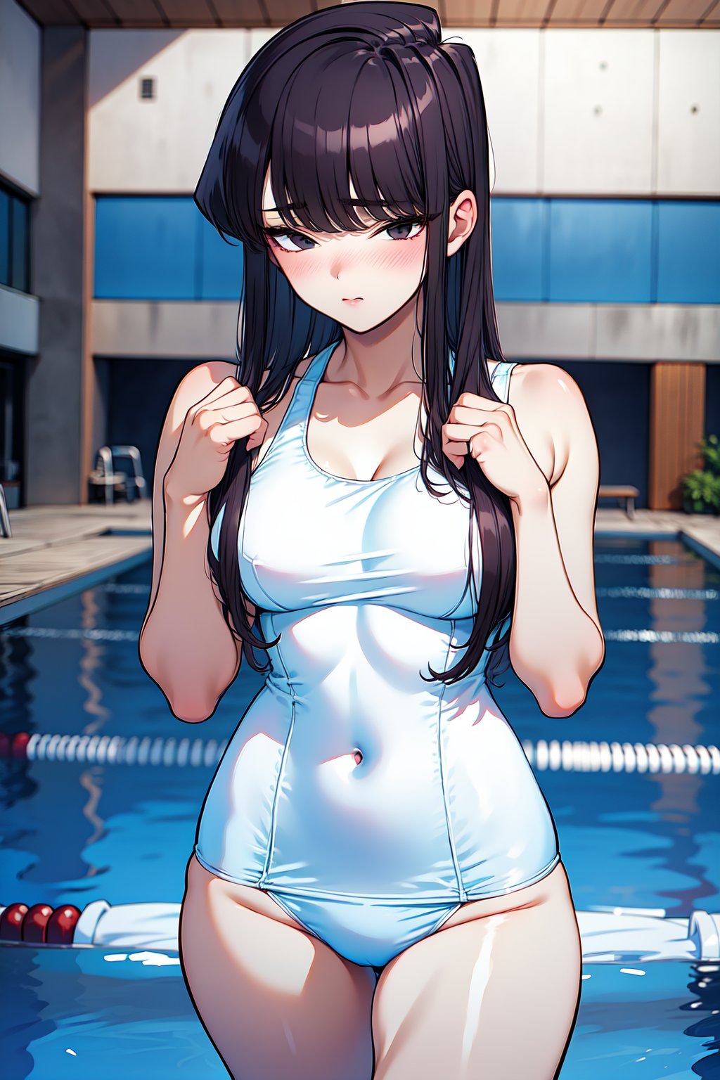 1girl, cowboy shot, pool, (nose blush:1.2), embarrassed, komi_shouko, black eyes, black hair, long hair, school swimsuit, white swimsuit,  <lora:komi_shouko_lora_ver3:0.7>, best quality, masterpiece, highres, <lora:GoodHands-vanilla:1>