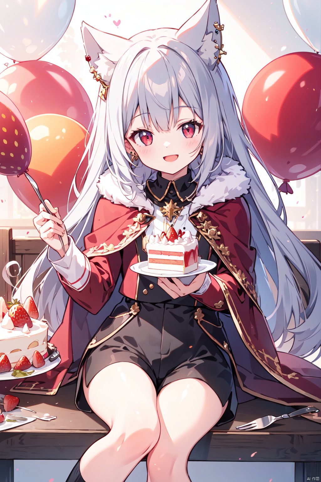  1girl, food, solo, cake, red eyes, crown, animal ears, holding, long hair, holding plate, holding fork, looking at viewer, smile, shorts, plate, sitting, grey hair, fork, open mouth, fruit, feet out of frame, bangs, strawberry, fishnets, socks, cape, shirt, fur trim, long sleeves, ear piercing, piercing, balloon, black shorts, red cloak,