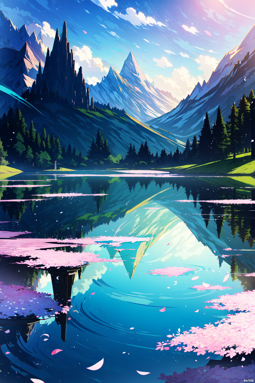  (masterpiece), (best quality), anime, bad hands, female character, blue hair, fantasy setting, floral scenery, pastel colors, ethereal atmosphere, dress, long hair, hair ribbons, petals, reflective water surface, mountainous background, vibrant, digital art, serene expression, standing pose, outdoor scene, sunlit, blossoms, ribbons, water ripple, high-resolution illustration