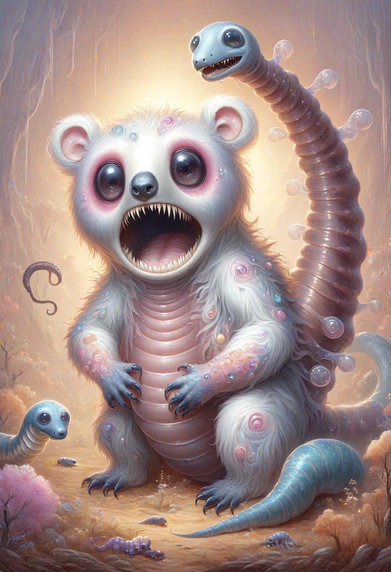 DonMP4ste11F41ryT4l3XL painting fusion of drop bear,mongolian death worm  <lora:DonMP4ste11F41ryT4l3XL-000008:0.8>