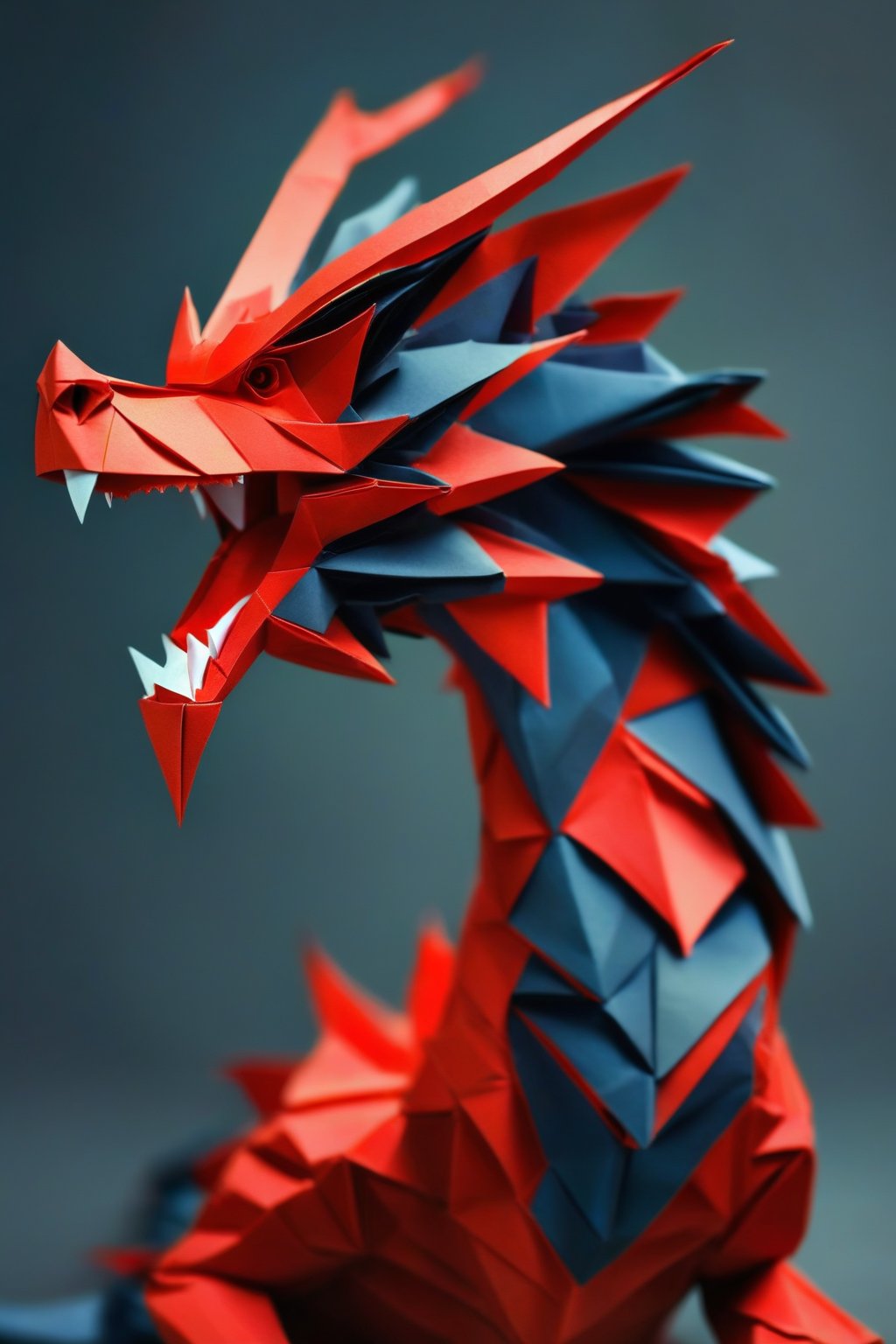 A majestic dragon, origami, open mouth, fangs, red dragon, spikes, scales, grey background, full body, simple background, draco_fantasy,<lora:EMS-303441-EMS:1.000000>