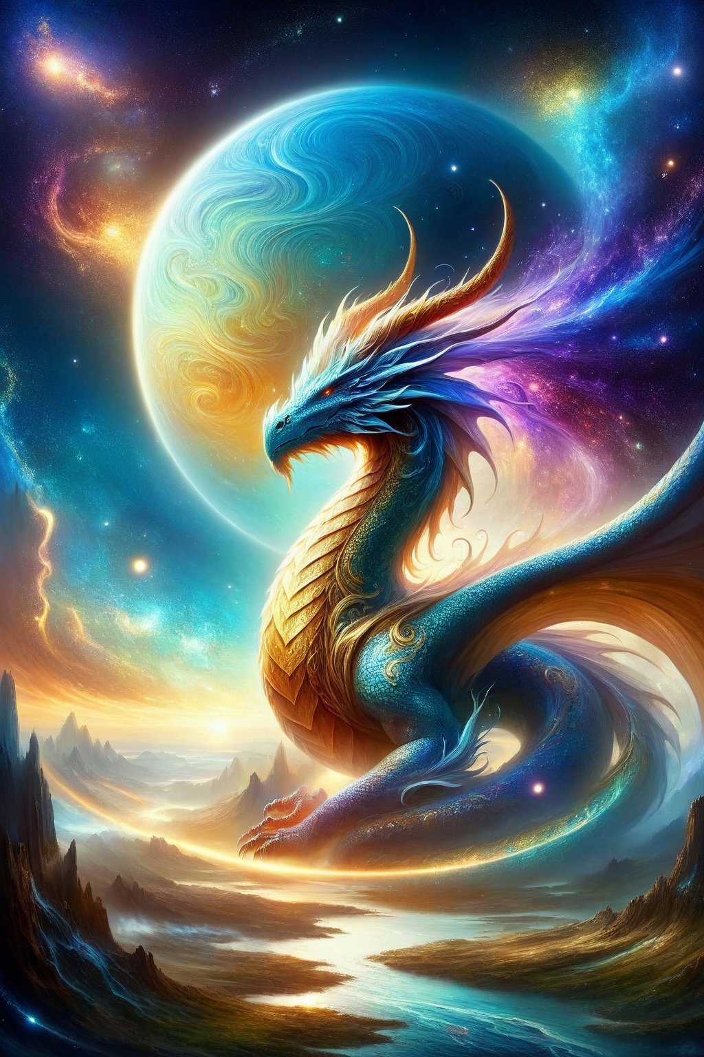 draco_fantasy, (mystic dragon:1.5), (sky), cosmic background, fantasy, stands in a mystical landscape under a celestial sky,<lora:EMS-303441-EMS:0.800000>