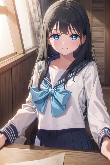 komichiakebi, <lora:komichi akebi s1-lora-nochekaiser:1>,komichi akebi, long hair, bangs, blue eyes, black hair, smile,BREAK shirt, long sleeves, bow, school uniform, white shirt, serafuku, sailor collar, neckerchief, blue bow, black sailor collar, blue neckerchief,BREAK indoors, classroom,BREAK looking at viewer, (cowboy shot:1.5),BREAK <lyco:GoodHands-beta2:1>, (masterpiece:1.2), best quality, high resolution, unity 8k wallpaper, (illustration:0.8), (beautiful detailed eyes:1.6), extremely detailed face, perfect lighting, extremely detailed CG, (perfect hands, perfect anatomy),