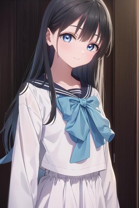 komichiakebi, <lora:komichi akebi s1-lora-nochekaiser:1>,komichi akebi, long hair, bangs, blue eyes, black hair, smile,BREAK shirt, long sleeves, bow, school uniform, white shirt, serafuku, sailor collar, neckerchief, blue bow, black sailor collar, blue neckerchief,BREAK indoors, classroom,BREAK looking at viewer, (cowboy shot:1.5),BREAK <lyco:GoodHands-beta2:1>, (masterpiece:1.2), best quality, high resolution, unity 8k wallpaper, (illustration:0.8), (beautiful detailed eyes:1.6), extremely detailed face, perfect lighting, extremely detailed CG, (perfect hands, perfect anatomy),