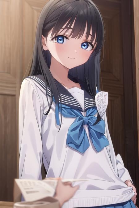 komichiakebi, <lora:komichi akebi s1-lora-nochekaiser:1>,komichi akebi, long hair, bangs, blue eyes, black hair, smile,BREAK shirt, long sleeves, bow, school uniform, white shirt, serafuku, sailor collar, neckerchief, blue bow, black sailor collar, blue neckerchief,BREAK indoors, classroom,BREAK looking at viewer, (cowboy shot:1.5),BREAK <lyco:GoodHands-beta2:1>, (masterpiece:1.2), best quality, high resolution, unity 8k wallpaper, (illustration:0.8), (beautiful detailed eyes:1.6), extremely detailed face, perfect lighting, extremely detailed CG, (perfect hands, perfect anatomy),