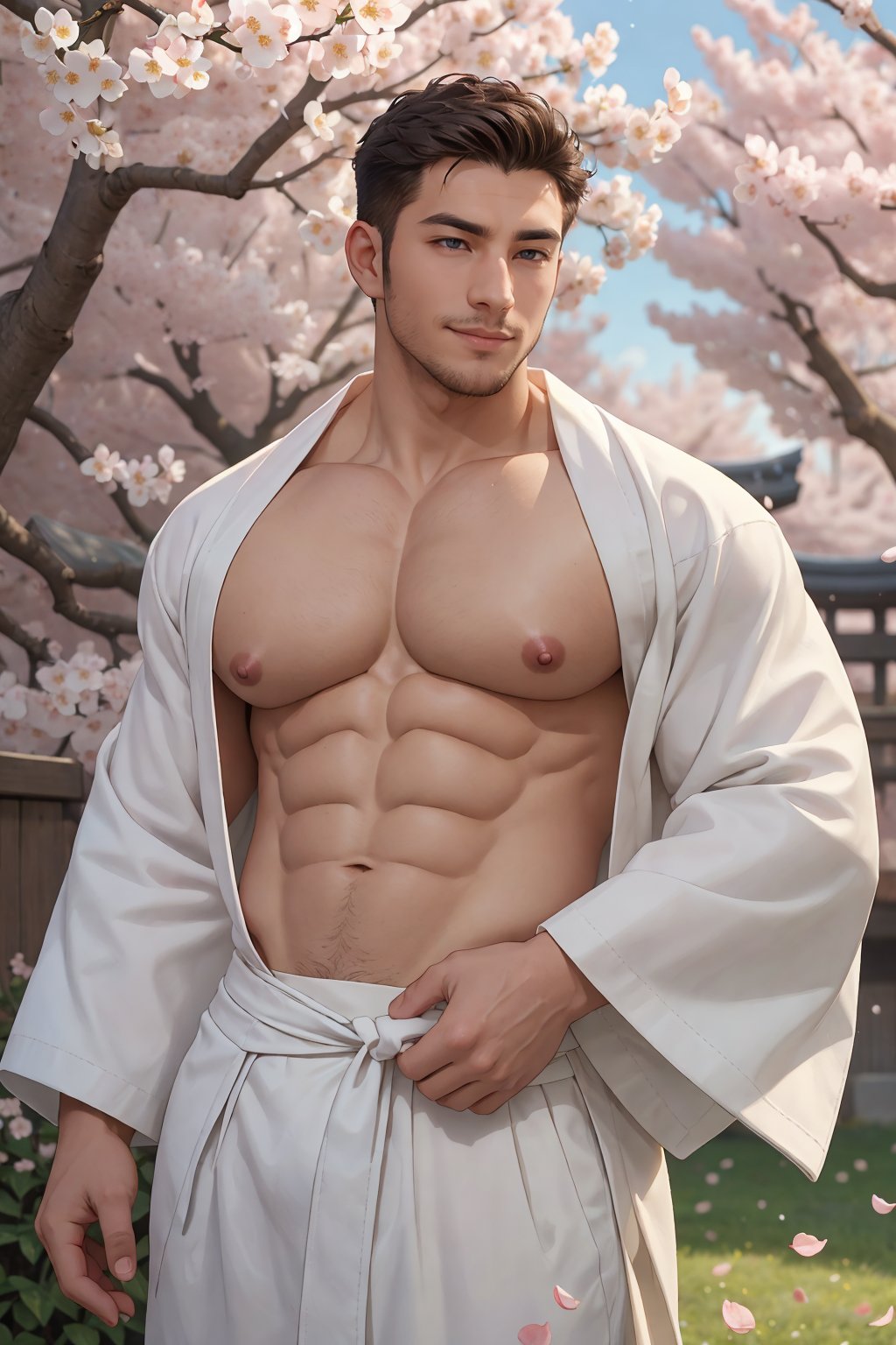 masterpiece,1 boy,Look at me,Handsome,beard,stars in the eyes,smirk,30 year old,japanese man,white kimono,muscular,large pectorals,puffy nipples,There are many scattered luminous petals,hiding in the cherry blossom flowers,Many scattered leaves,angle,contour deepening,cinematic angle,wind,detailed background,intricate details,Depth of field,textured skin,super detail,best quality,