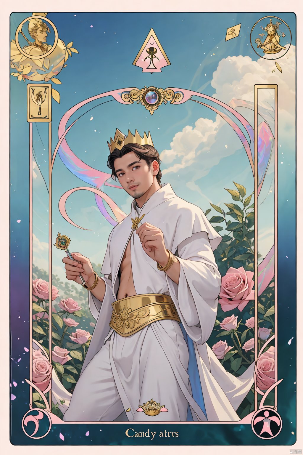  masterpiece, 1 Man, (Asian male:0.6), Stubble, Professional photo of a 26-year-old man, Wear a crown, Pope., Extravagant magical white robes, White ribbon, (iridescent gold:1.2), (magic swirls:1.2), Body hair, Abdominal hair, fractal pattern, Kaleidoscope, Huge flowers, Combat posture, (Tarot card:1.3), Gorgeous textures, Light blue sky, A lot of particle special effects., Garden, Pink fluorescent roses, textured skin, super detail, best quality